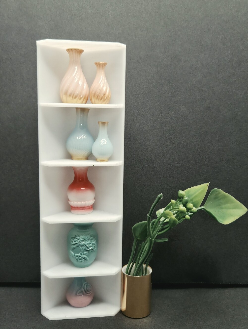 Miniature White Plastic Corner Shelf with 7 Vases and Floor Planter plus Mystery